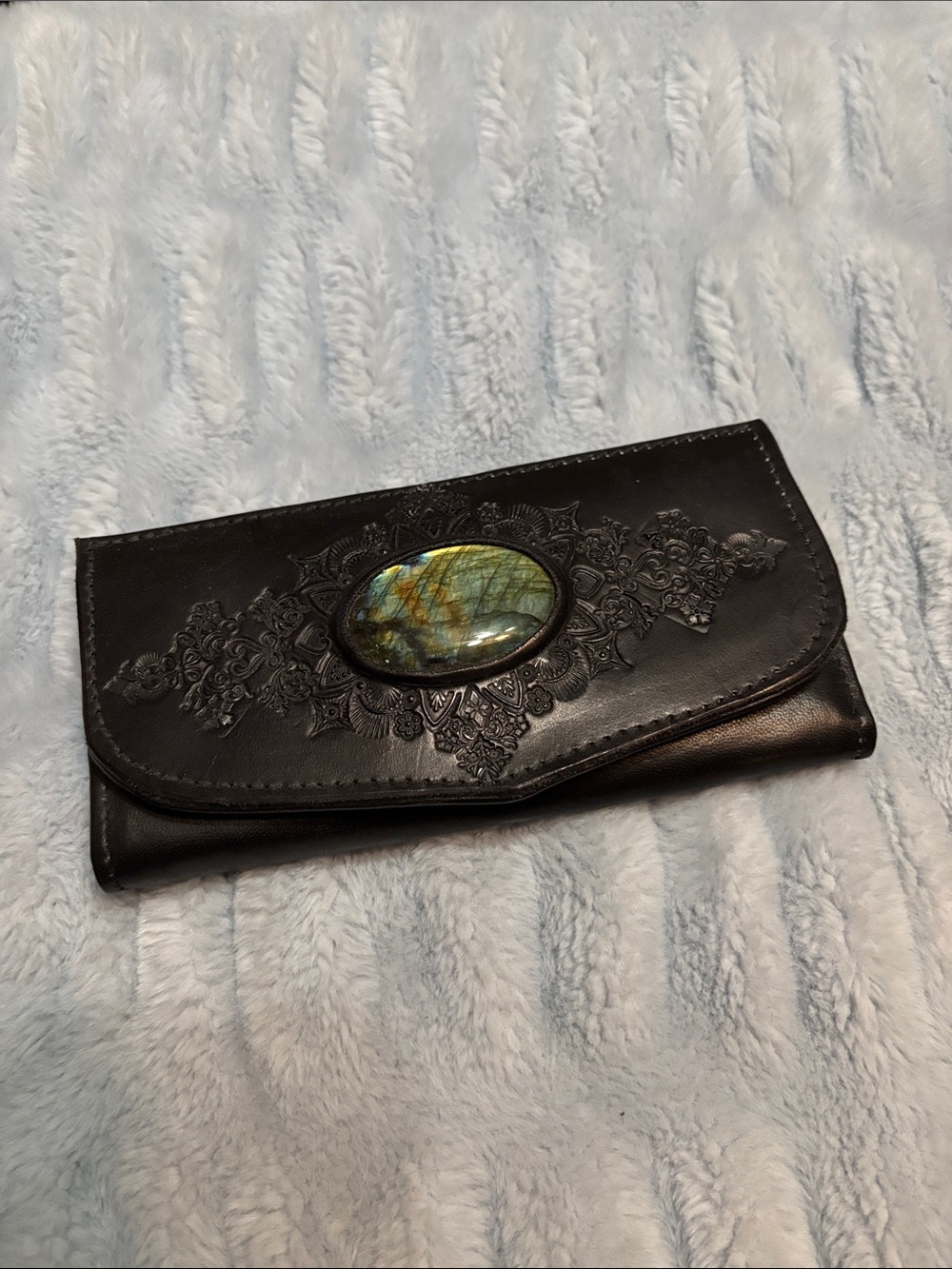 Buffalo Girl Black Embossed Leather Wallet Clutch with Labradorite Accent stone